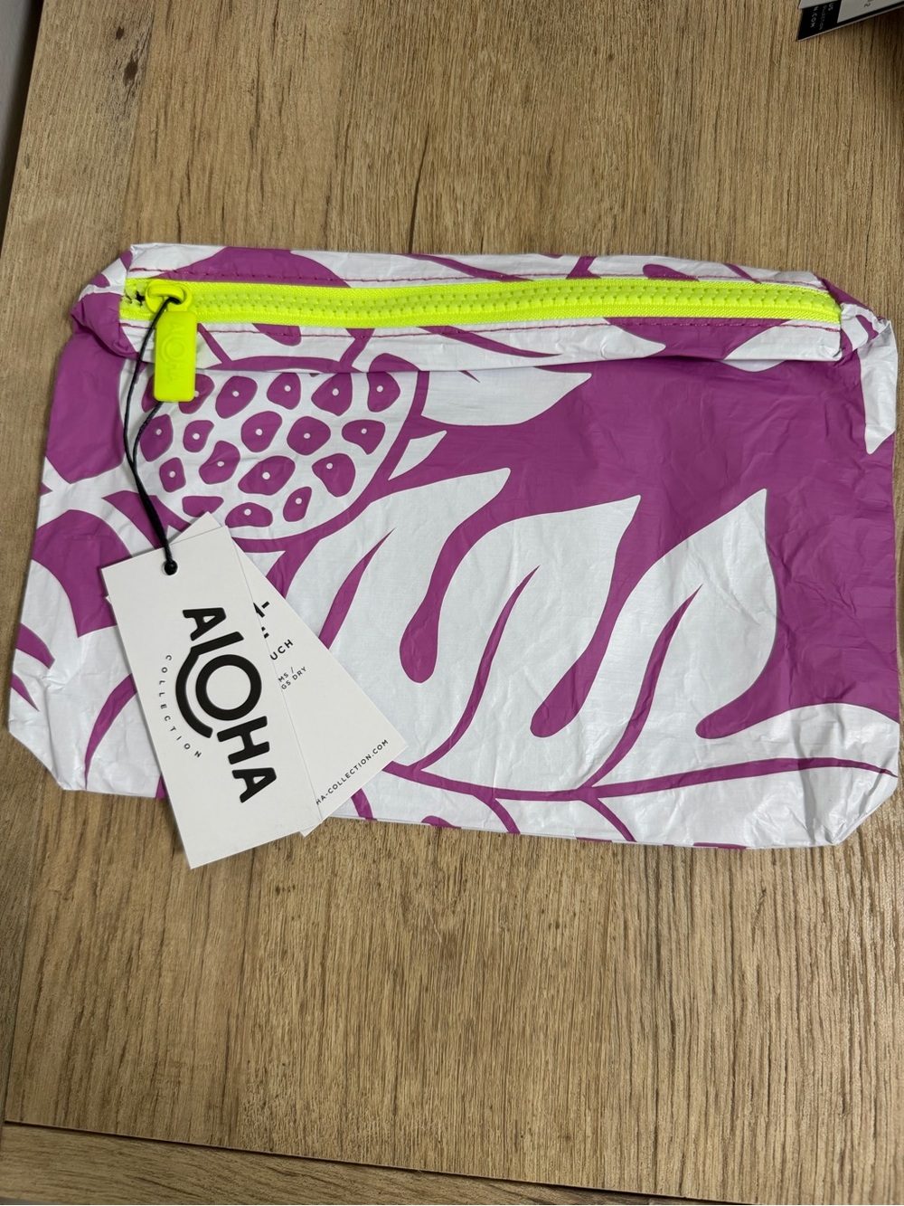 ALOHA Collection Pink White Floral Clutch with Neon Yellow Zip